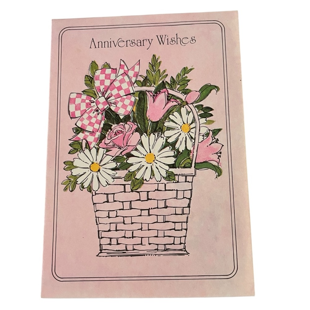 Unused Vintage Greeting Card Anniversary Wishes Pink Floral Basket Ephemera